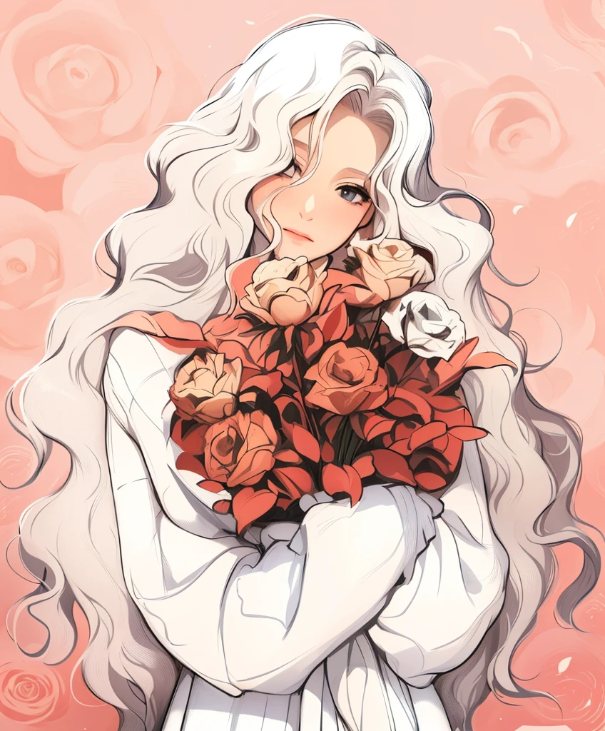 a woman with long white hair holding a bouquet of roses, blond anime girl with long hair, anime girl with long hair, in the art style of bowater, roses in her hair, curly blond hair, with flowers, beautiful anime art style, beautiful anime portrait, a girl with blond hair, with long white hair, with white long hair, white sweater, she’s sweater is white color