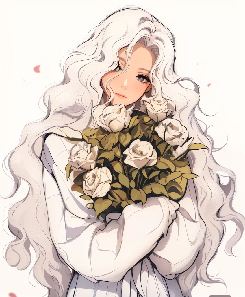 a woman with long white hair holding a bouquet of roses, blond anime girl with long hair, anime girl with long hair, in the art style of bowater, roses in her hair, curly blond hair, with flowers, beautiful anime art style, beautiful anime portrait, a girl with blond hair, with long white hair, with white long hair, white sweater, she’s sweater is white color