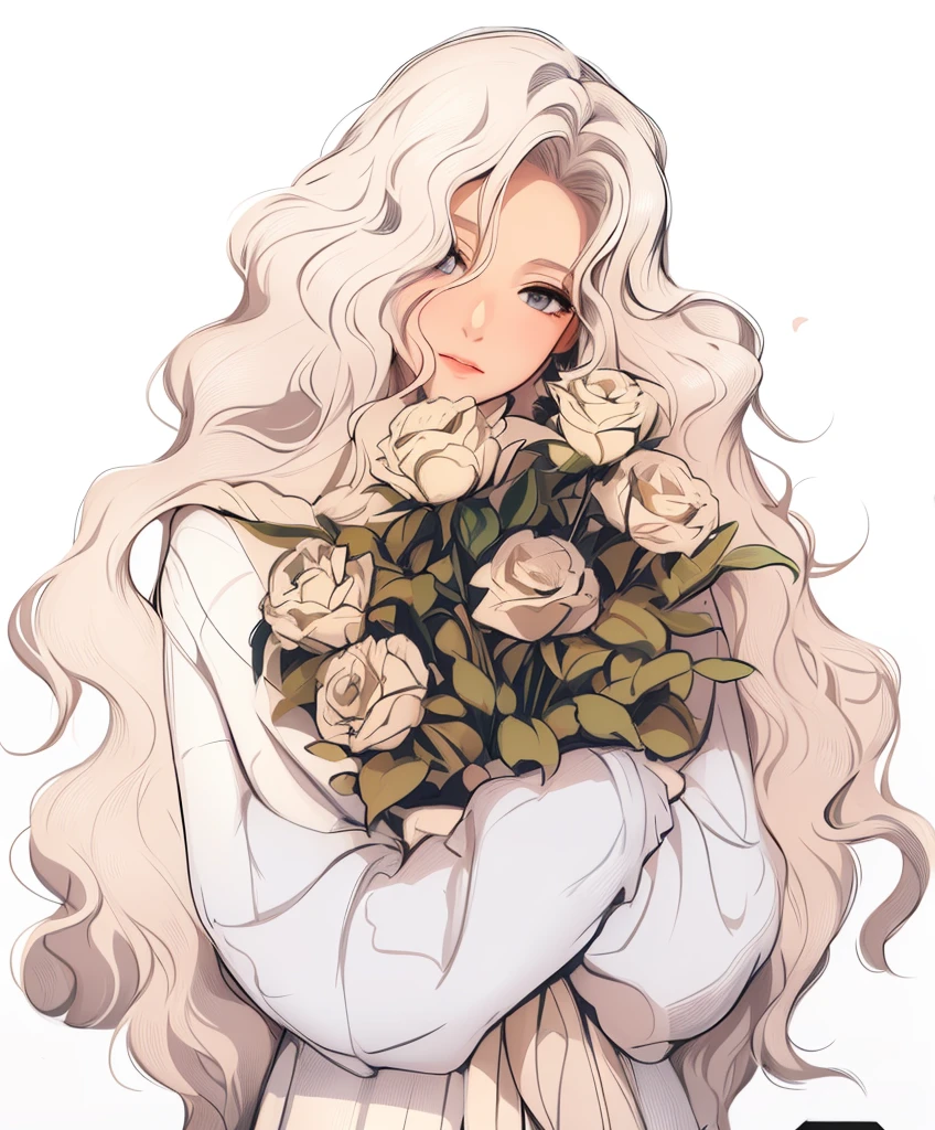 a woman with long white hair holding a bouquet of roses, blond anime girl with long hair, anime girl with long hair, in the art style of bowater, roses in her hair, curly blond hair, with flowers, beautiful anime art style, beautiful anime portrait, a girl with blond hair, with long white hair, with white long hair, white sweater, she’s sweater is white color
