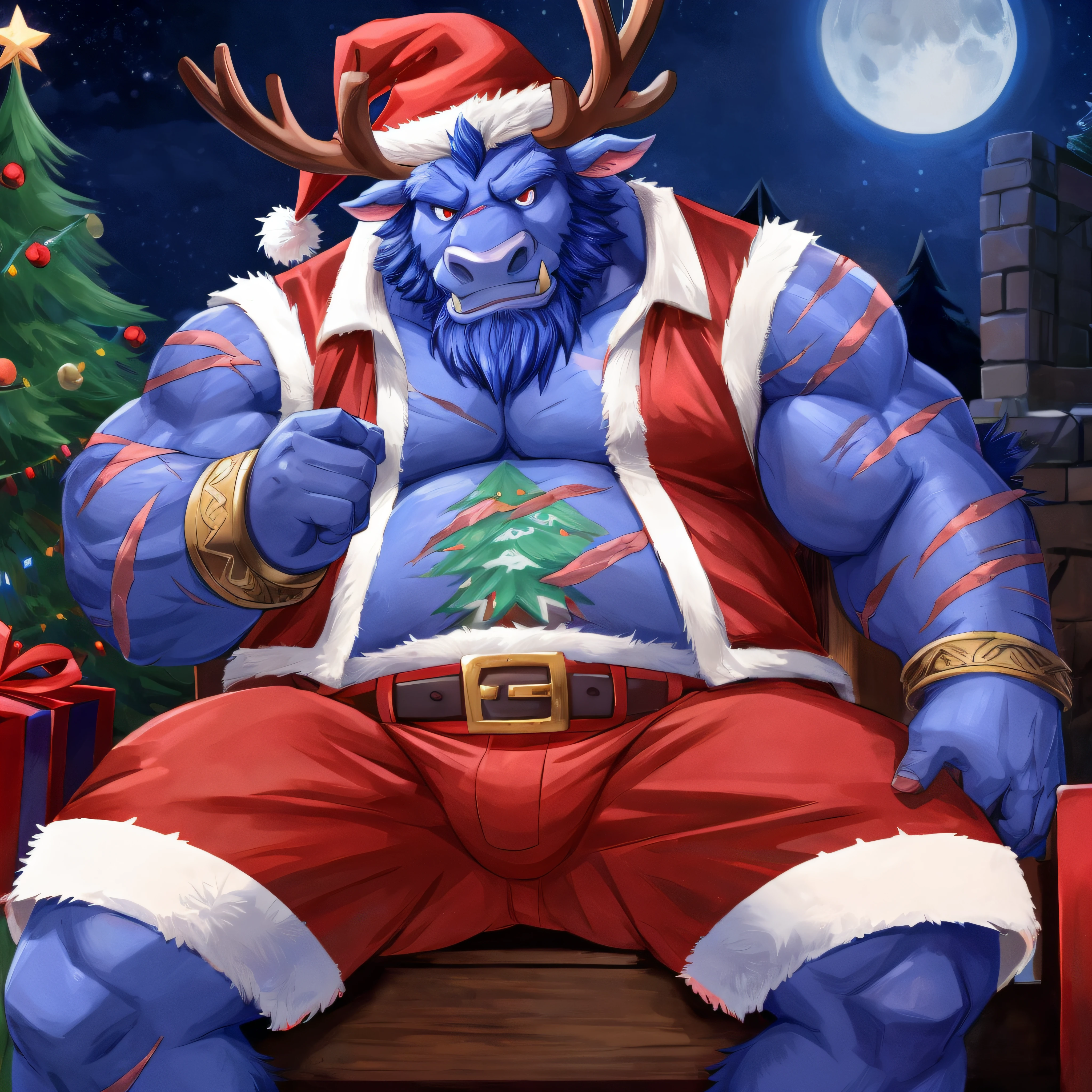 belly, chubby, christmas,christmas clothing,santa hat,christmas tree,gift,action pose,detailed background,bodypaint,sitting on chair,(reindeer),alistar,alistar \(lol\), sleeveless open jacket, scars, red eyes, black pupils, chimney, cute,clothing, night, anime,shorts, fur clothing, bull, bracelet,