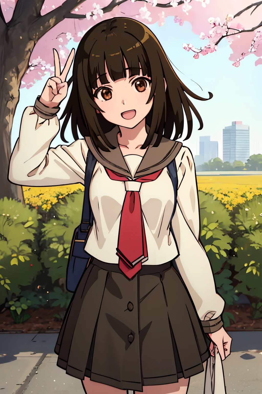 1girl, solo, looking at viewer, nadeko01, medium hair, brown hair, brown eyes, bangs, blunt bangs, skirt, collarbone, school uniform, serafuku, long sleeves, necktie, smile, open mouth, cowboy shot, v, peace sign, park, flowers, trees,