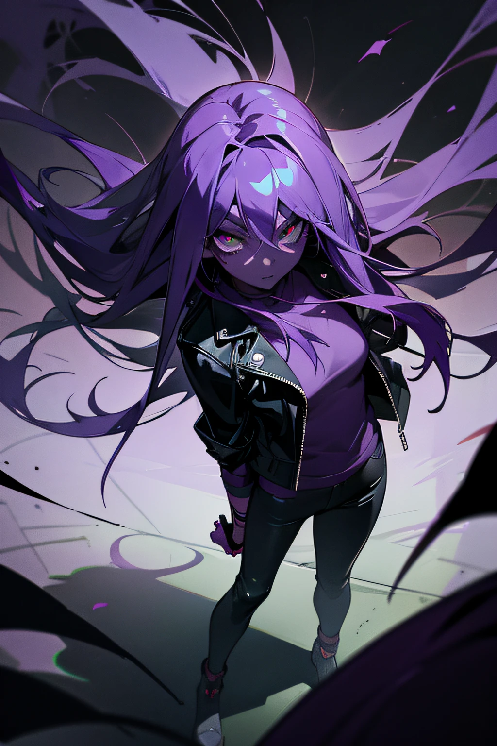 horror art, anime girl, (((dark purple skin))), split ends hair, long black leather jacket, dark pants, pale green eyes, gloomy suburb roadway, purple fog, dark night, high angle