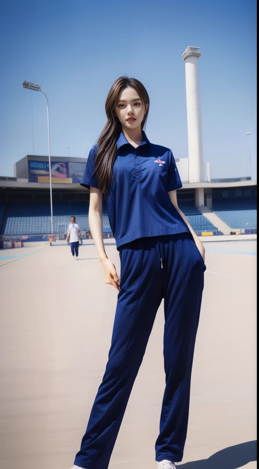 (bestquality,10,10,highres,masterpiece:1.2),ultra-detail,(Realistic,photorealistic portrait,photo-realistic:1.37),1 Cute girl in the football field,oily shiny skin,bara,light smile,BDclothes,((blue shirt:1.3)),short sleeves,shirt, trousers.,(navy_long_Pants Track:1.1), ((Stadium Background:1.3)),dynamic angle,excited,face focus,Dynamic Poses,from behide,Ass Focus,masterpiece, bestquality, ultra realistic, hyper-detail, 8k resolution, RAW photo, crisp focus, ((Navy blue shirt:1.1)), short sleeves, Long Path, Perfect body, 2 mature women, 18yo, cinematic light,Blue sweatpants,Gymware,Correct anatomy,Complete body, Correct body, sharp face, Anatomically correct body, full entire body, Realistic gestures, long-haired, Realistic poses,Wear long shorts.....................,Long leg span,Shapely,Sculpting Girl, Slender Figure, mannequin mannequins, Shapely, Beautiful body,Blue sweatpants, Two girls kissing