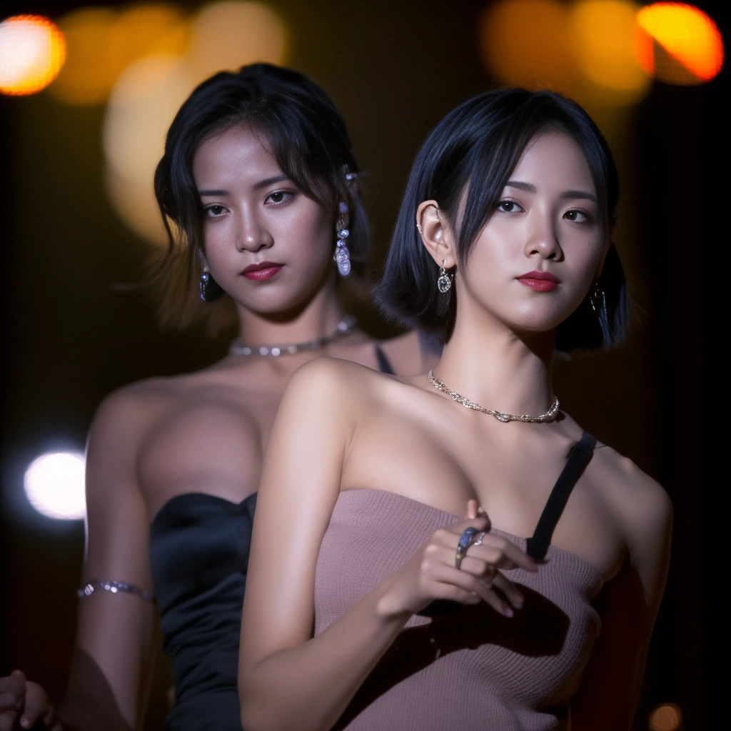 Best quality, masterpiece, ultra high res, (photorealistic:1.5), raw photo, Kpop idols performing on stage, naked, in the dark, deep shadow, low key, cold light, sexy look, short hair
