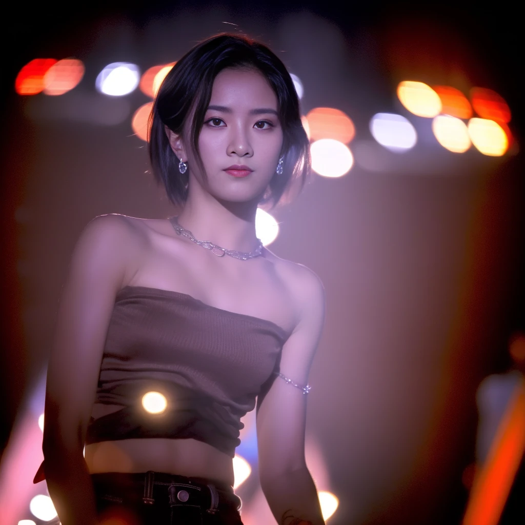Best quality, masterpiece, ultra high res, (photorealistic:1.5), raw photo, Kpop idols performing on stage, naked, in the dark, deep shadow, low key, cold light, sexy look, short hair