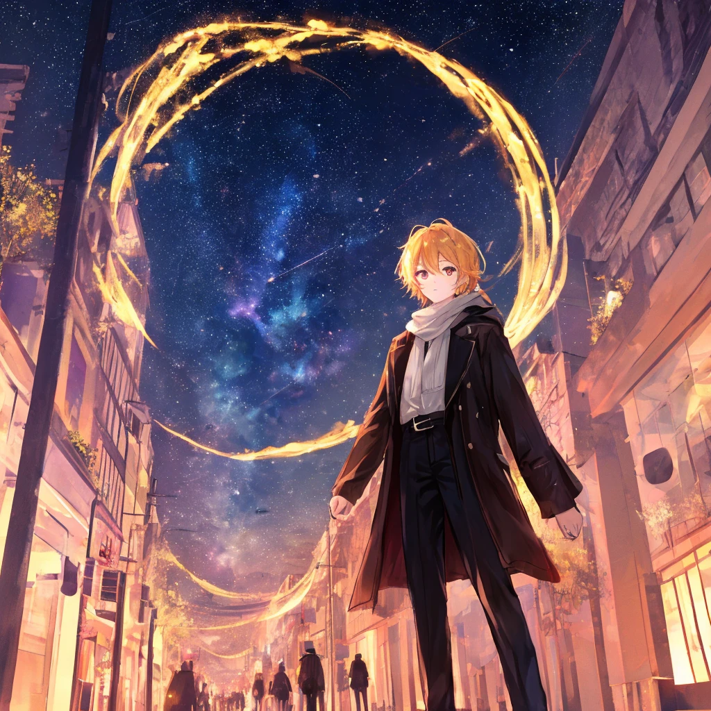 A person stands in the night sky，8K high-definition，Looking at the night sky，bblurry，城市，lumnious