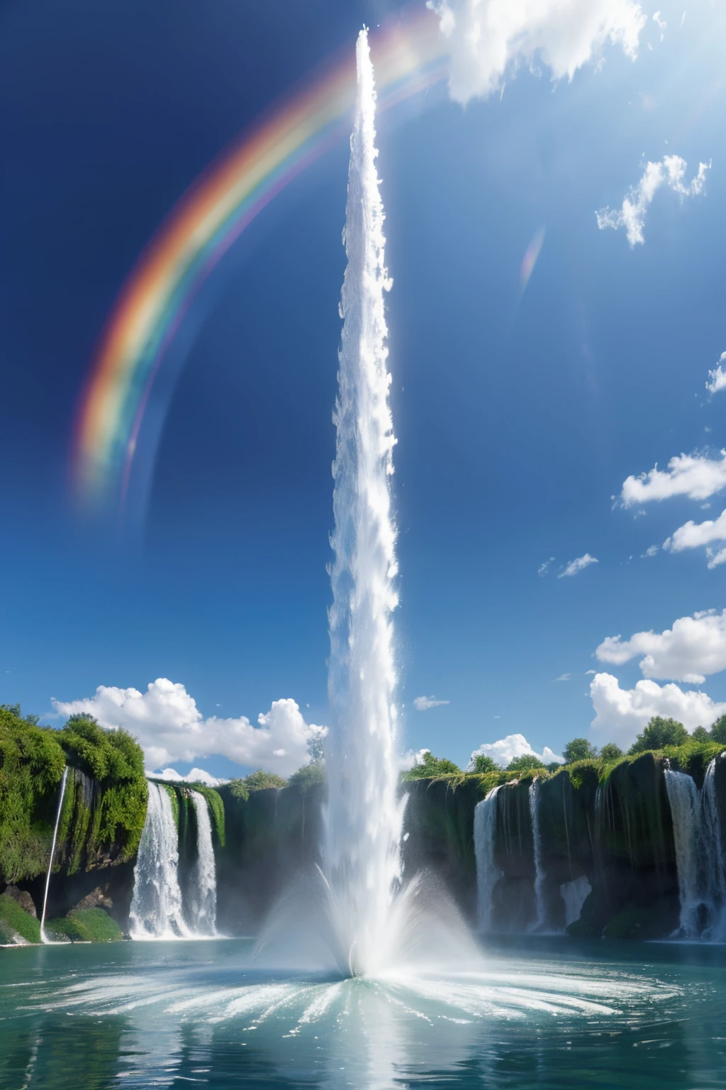 tmasterpiece,UHD resolution,8K,Cinema lenses,Water spurts from the ground,Water column flies into the sky,refracted rainbow,The magical power of nature,Epic surrealism,epic nature dream,Epic natural fountain fantasy