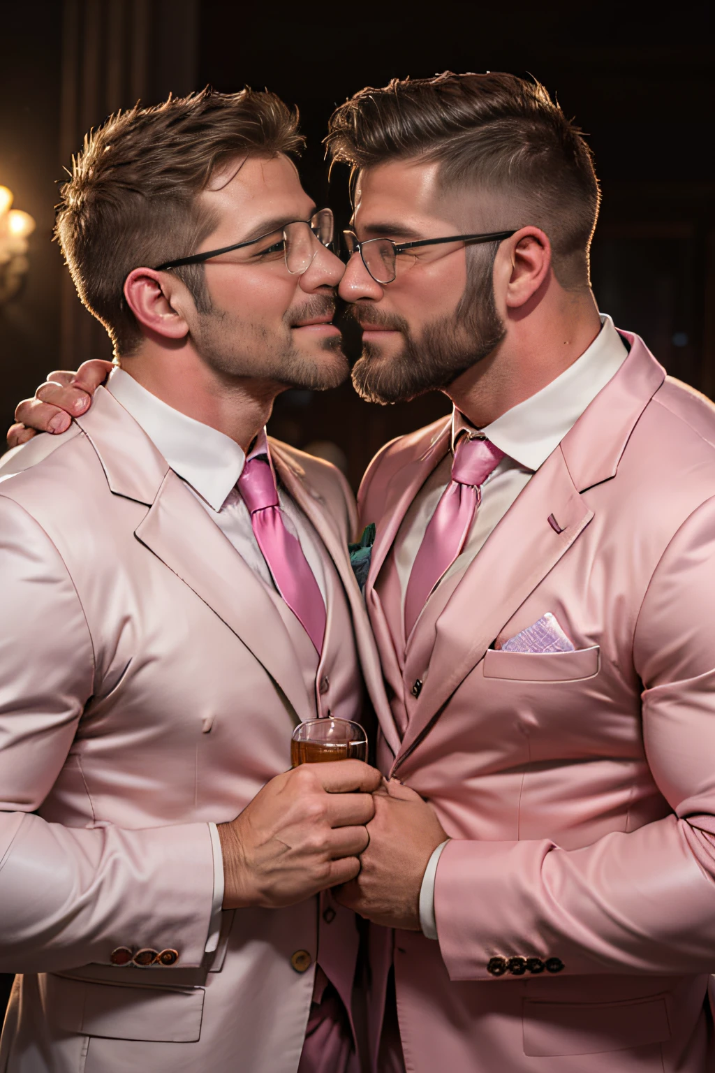 Award-winning original photos,2men, wild muscular men, (40 years old daddy:1.1), beards, burly, hunk, jackets, smilling happily, one of the man wearing glasses, wedding party, (white and pink suits), (pink neckties), (pink jackets), hugging, giving a kiss, detailed, lovely, faces closeup