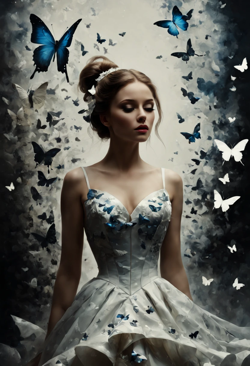 mj, RTX, 4k, HDR, Anna Razumovskaya, Casey Baugh, Antonio Mora, Aminola Rezai, Giovanni Boldini, art, realistic art.silhouette of a woman surrounded by butterflies, trending on pixabay, beautiful dress, cute artwork, cinderella, beautiful shapes, polishing, outdoors, great photo on Pinterest, stencil, scales, white background, symbols