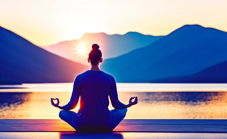 woman sitting on a rock in the mountains with a view of the valley below, meditating, meditation, meditating pose, meditation pose, hindu stages of meditation, meditative, meditating in lotus position, praying meditating, stoic and calm, yoga meditation pose, calm environment, zen meditation, relaxing, sitting atop a dusty mountaintop