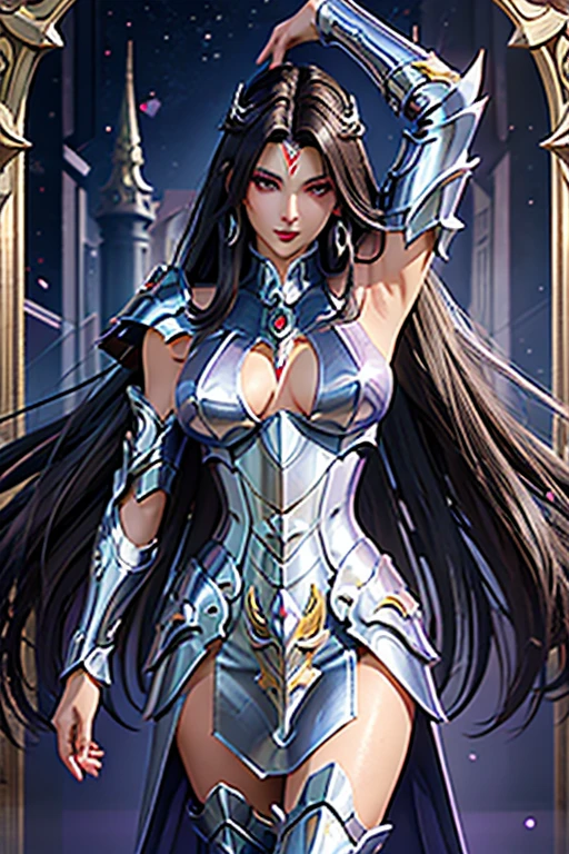 There is an adult European woman , Saint Seiya , Unicorn Purple armor,  Dark hair, red lips, Eye shadow, natural makeup, long curved hait, beautiful chest, Second Life Avatar, Beautiful screenshot, Second Life, attractive woman, high quality, highly detailed skin, dynamic pose