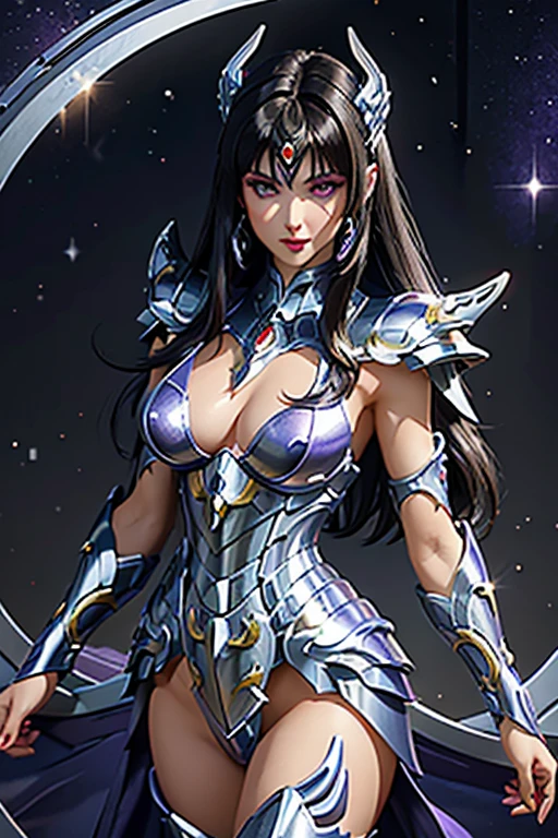 There is an adult European woman , Saint Seiya , Unicorn Purple armor, Dark hair, red lips, Eye shadow, natural makeup, long curved hait, beautiful chest, Second Life Avatar, Beautiful screenshot, Second Life, attractive woman, high quality, highly detailed skin, dynamic pose