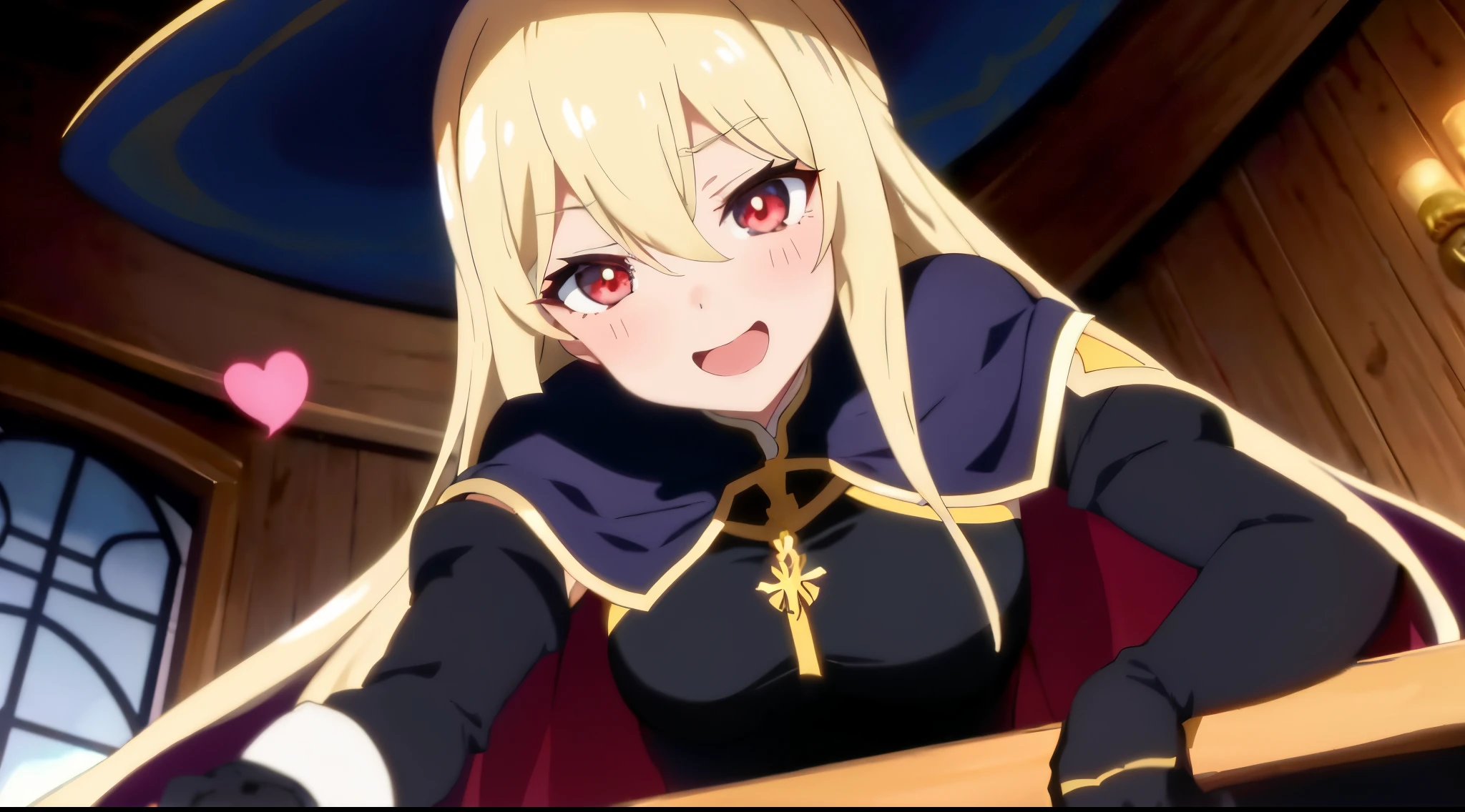 garota anime com cabelo loiro e olhos vermelhos em uma roupa preta, Artoria Pendragon, Isekai, popular Isekai anime, menina alquimista, inspirado por Li Chevalier, magia de elenco de bruxa de anime de paquera, Impacto de Ayaka Genshin, Marisa Kirisame, Meio invocador metade Megumin, menina anime loira com cabelo longo, sorriso astuto, cunning expression