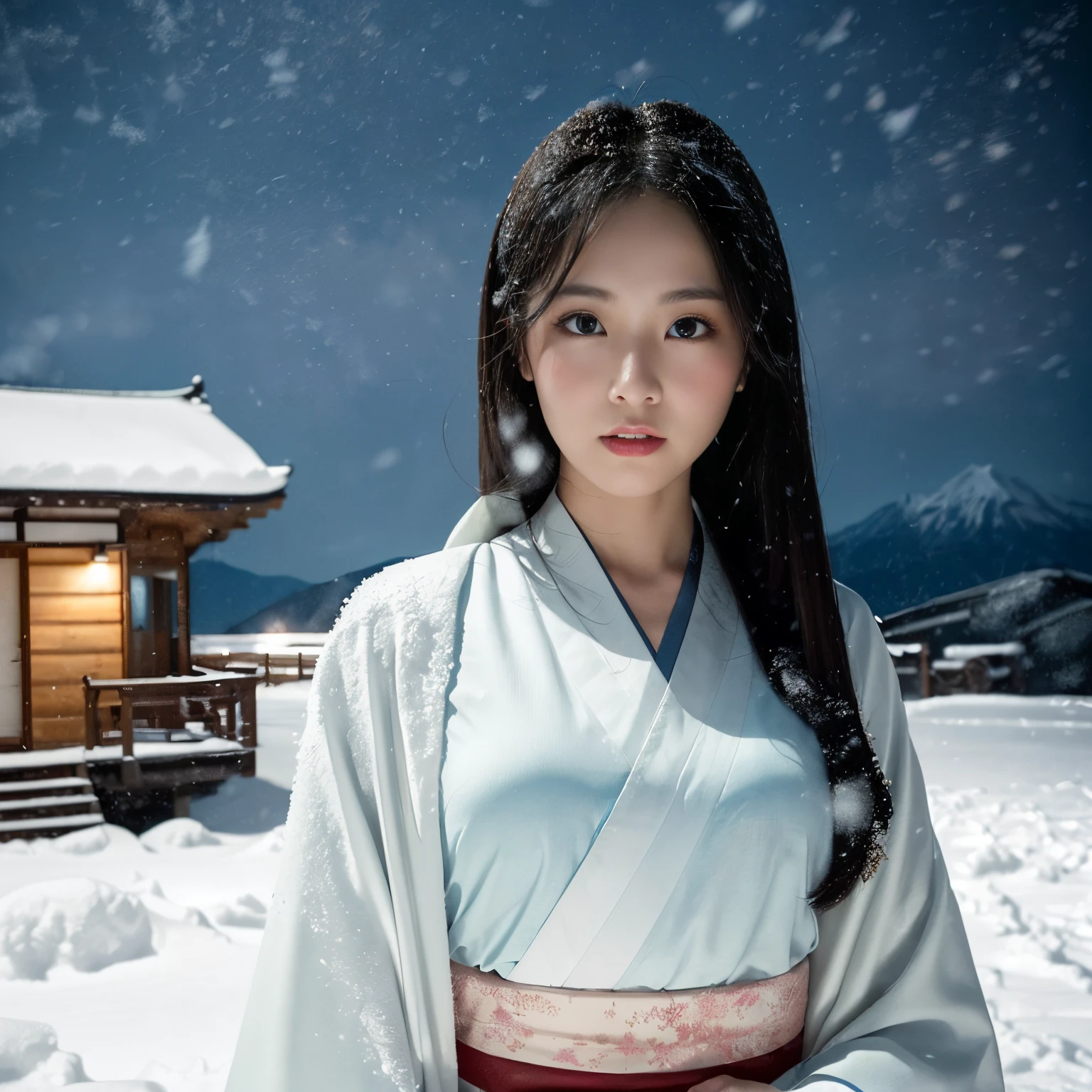 ((masutepiece、top-quality、8K、Super High Detail))、(Very dark、In the Dark、total darkness、Midnight:1.3)、1 beauty、(Very long black hair:1.2)、(straight haired:1.2)、(sad Facial expression:1.2)、(terrified expression:1.2)、(snow-white skin:1.2)、(Plain white kimono:1.5)、(cowboy shot:1.3)、(Female upper body photo:1.3)、(Get close to a woman and take a photo:1.2)、(old japanese mountain hut、snow mountains)、(very heavy snowstorm:1.4)