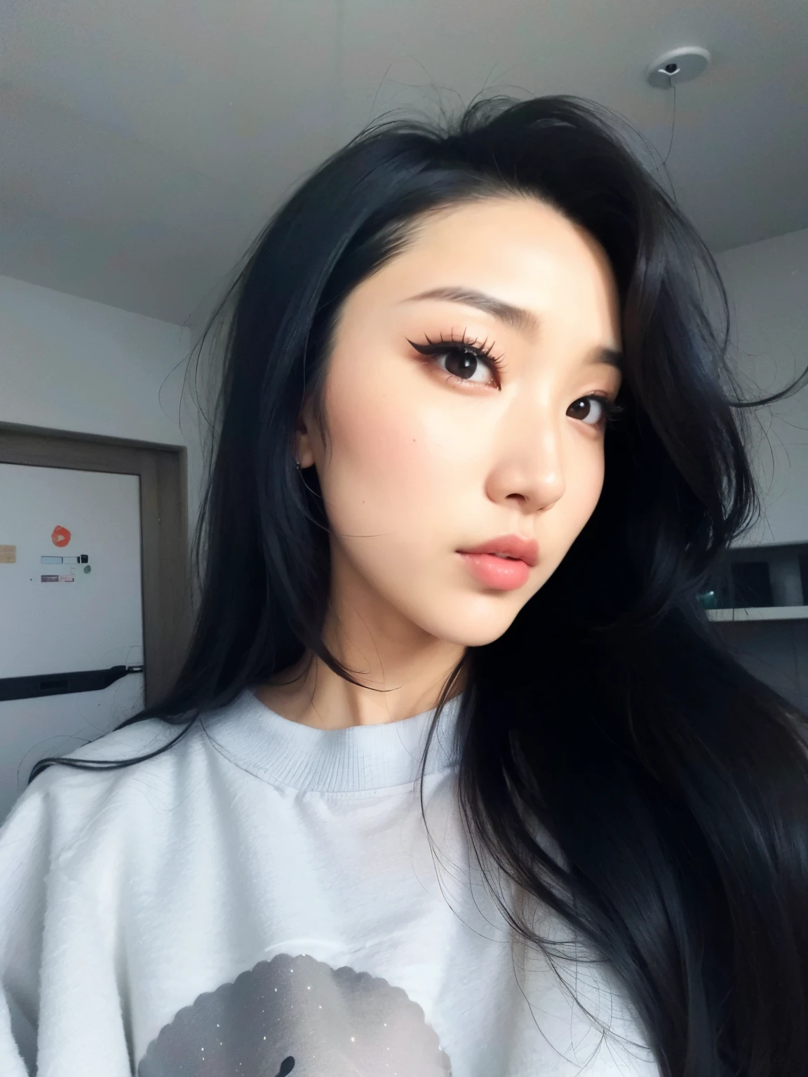 mulher arafada com longos cabelos pretos vestindo uma camisa cinza, korean symmetrical face, Mulher sul-coreana bonita, cruel korean goth girl, coreana, Mulher coreana, maquiagem coreana popular, maquiagem sul-coreana popular, linda mulher coreana jovem, korean face features, rosto sexy com maquiagem completa, Hwasa do Mamamoo, mulher coreana jovem bonita, Mamamoo Hwasa