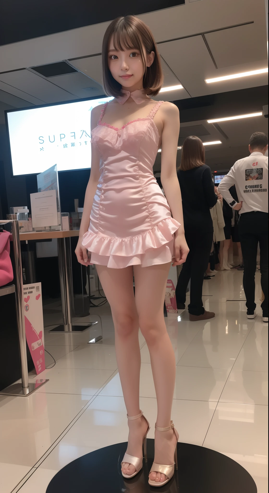 of the highest quality, Slender body Idol, front facing, Well-proportioned body, exhibition, Event Hall, Moe Pose, pink satin Lolita style Dress, Standing with legs open, Model body type