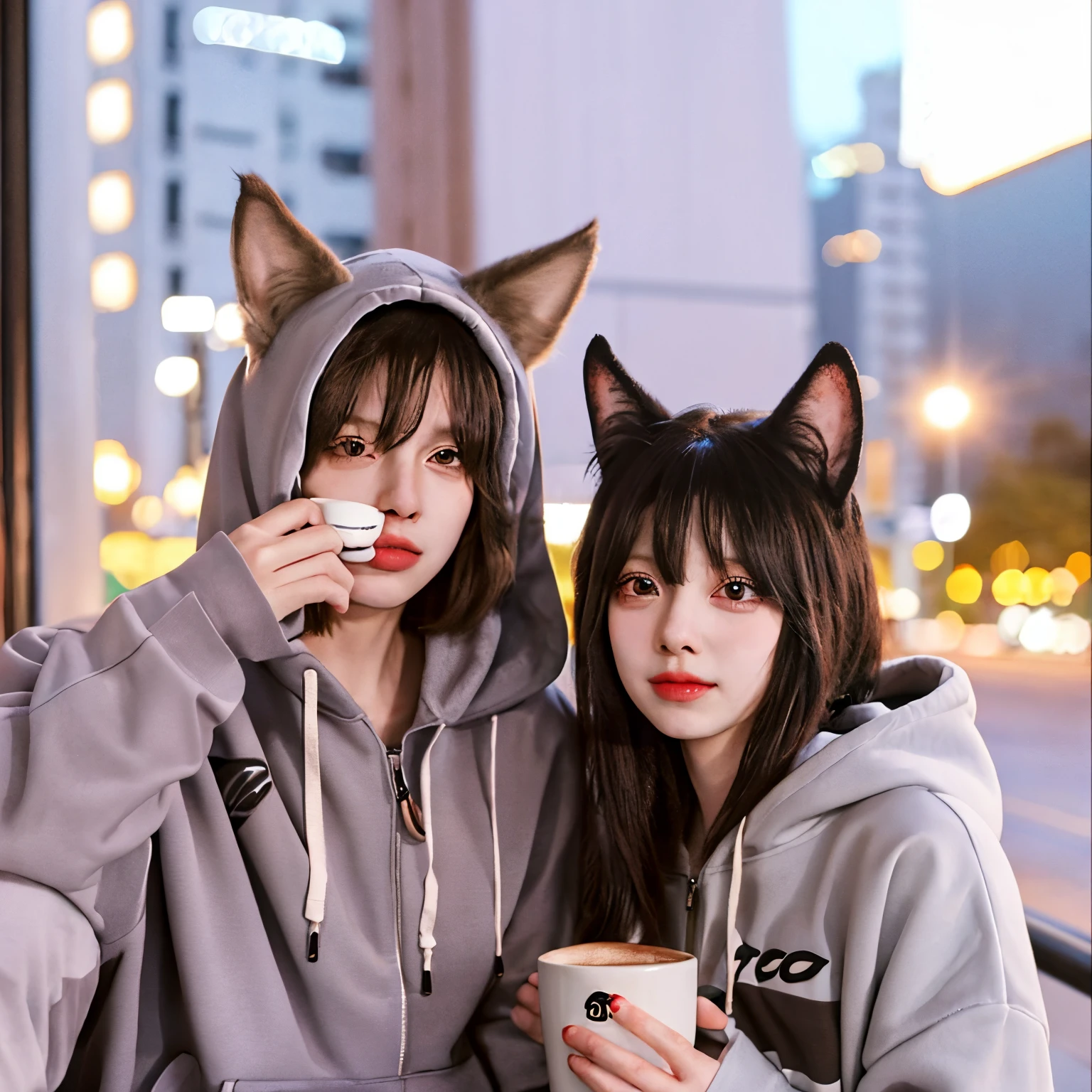 anime couple with cat ears and hoodie posing for picture, writing cappuccino, cute anime catgirl, anime catgirl, Mochacinno writing shirt, nightcore, very beautiful cute catgirl, beautiful anime catgirl, anime asthetic, in an anime style, cute anime style, in anime style, anime cat, 🍂 cute, cute anime, catgirl