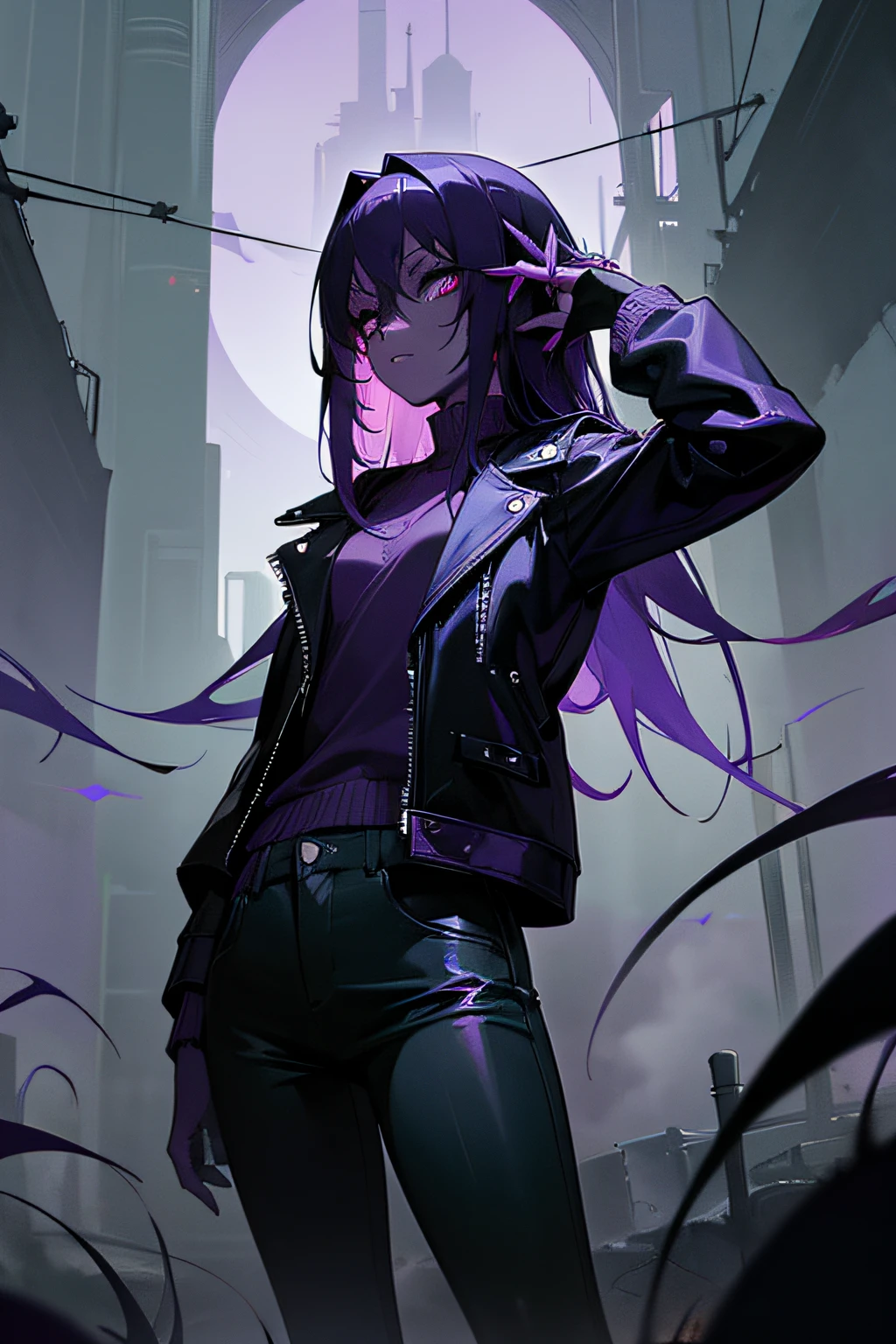 horror art, anime girl, (((dark purple skin))), split ends hair, long black leather jacket, dark pants, pale green eyes, gloomy suburb roadway, purple fog, dark night, high angle