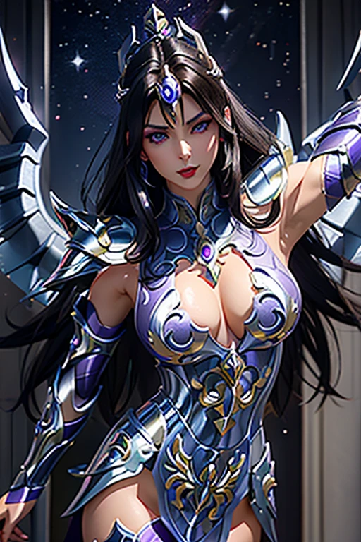 There is an adult European woman , Saint Seiya , Unicorn Purple armor, Dark hair, red lips, Eye shadow, natural makeup, long curved hait, beautiful chest, Second Life Avatar, Beautiful screenshot, Second Life, attractive woman, high quality, highly detailed skin, dynamic pose