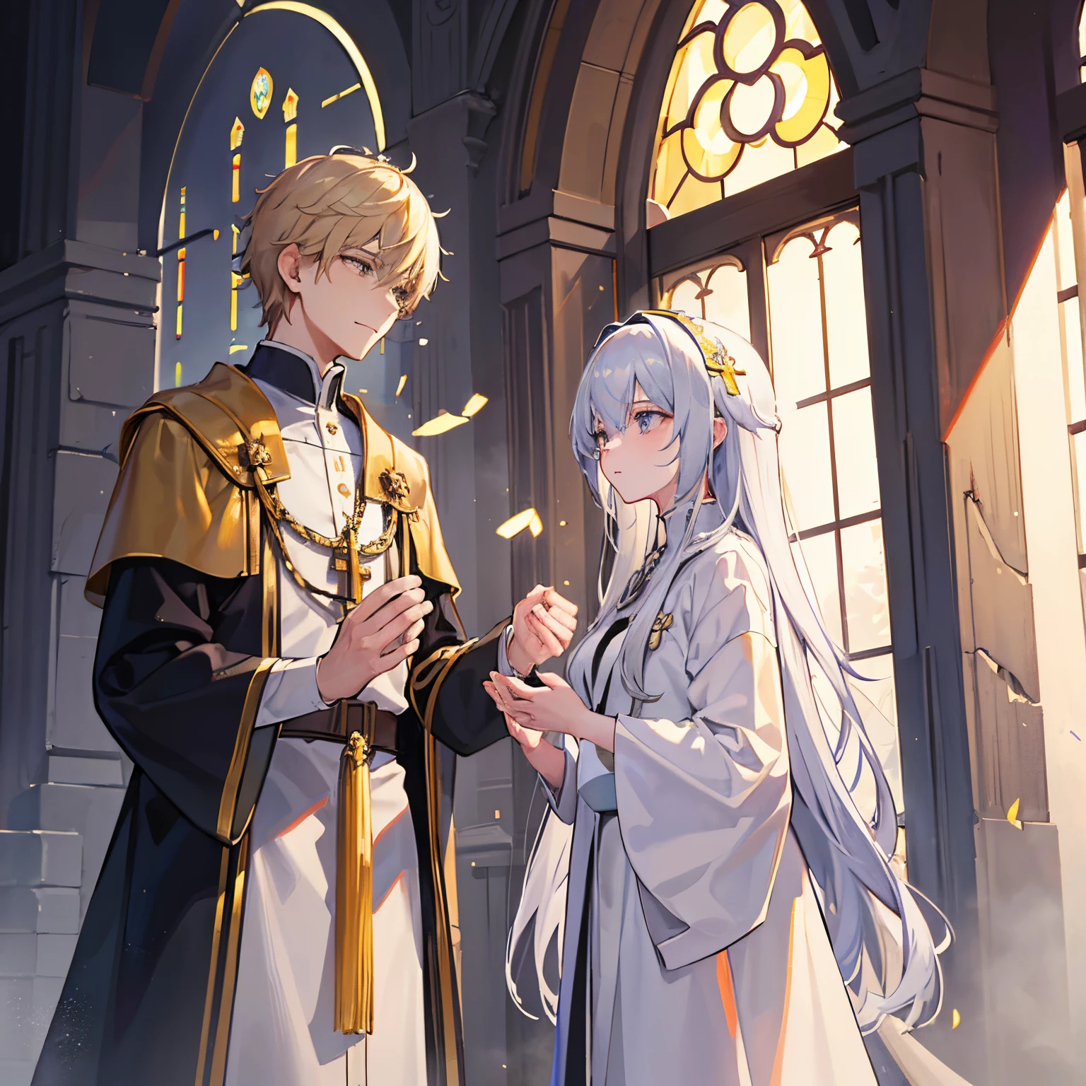 Men and women in their 20s、man 1、Female 1、Both men and women are priests、Both men and women are praying、Holy Church、Illuminated by sunlight、femele(a blond、Semi-long)、male people(silber hair、short-cut)、I'm praying towards you、The fantastic scenery、Beautiful fece