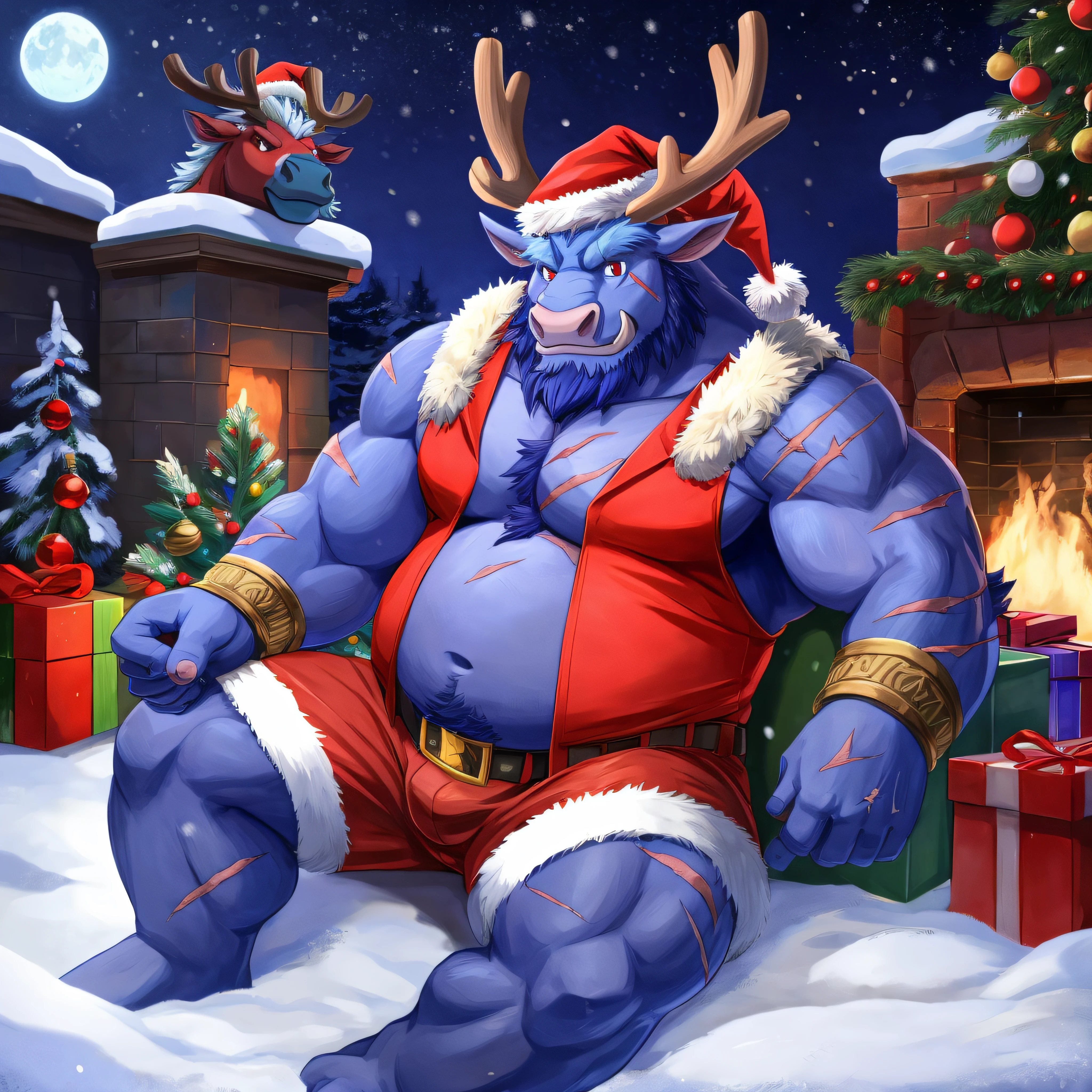 belly, chubby, christmas,christmas clothing,santa hat,christmas tree,gift,action pose,detailed background,bodypaint,sitting on chair,(reindeer),alistar,alistar \(lol\), sleeveless open jacket, scars, red eyes, black pupils, chimney, cute,clothing, night, anime,shorts, fur clothing, bull, bracelet,snow,