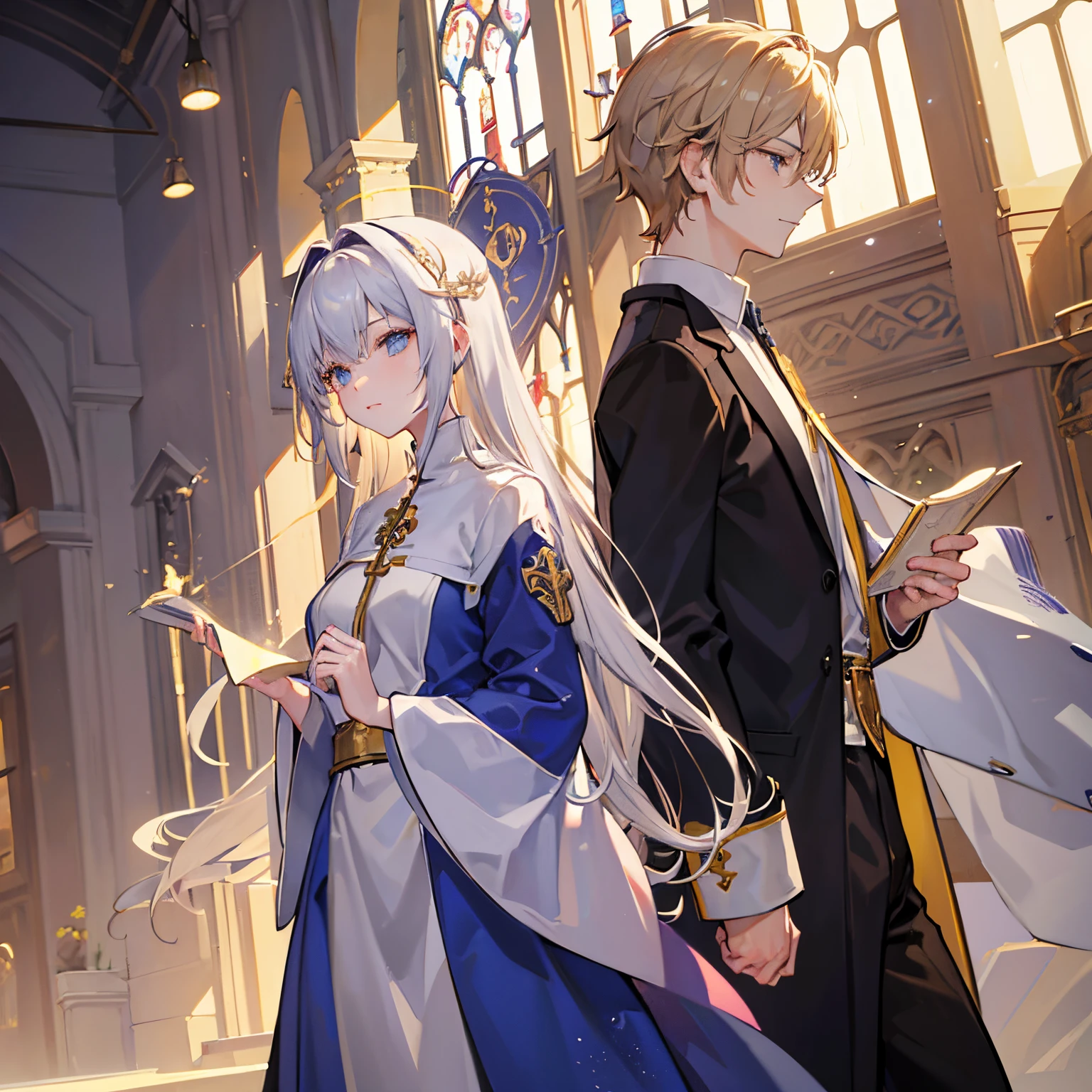 Men and women in their 20s、man 1、Female 1、Both men and women are priests、Both men and women are praying、Holy Church、Illuminated by sunlight、femele(a blond、Semi-long)、male people(silber hair、short-cut)、I'm praying towards you、The fantastic scenery、Beautiful fece