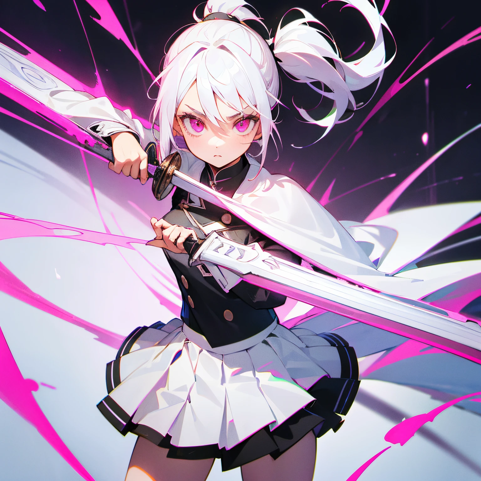 White hair, (pink eyes:1.1), side ponytail, ponytail, 
black skirt, white uniform, pleated skirt, skirt, white cape, (best quality, masterpiece, RAW photo,ultra-detailed:1.2), 1girl, solo, looking at viewer, long sword in hand