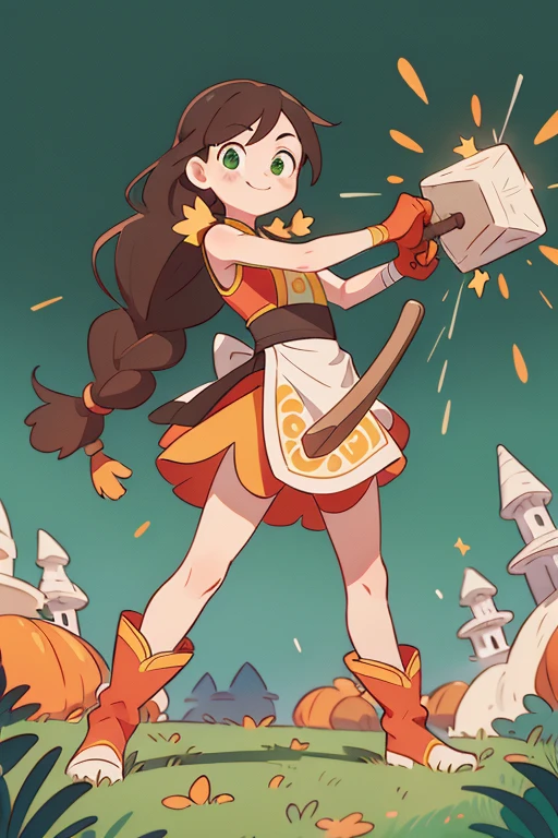 absurd res, high res, (masterpiece:1.4) looking at viewer, standing, ultra-detailed, 1girl, accurate body limbs, half body, Chinese fantasy fashion, Chinese costume, autumn color pallette, fall color pallette, brown yellow black red pink, soft color, gloves, crystals , bandages on shoulder, brown hair, green eyes, twin braid hair, long hair, simple background, boots, holding giant hammer, dynamic pose, smilling, blacksmith apron, zetai pose, yellow swirl, crystals