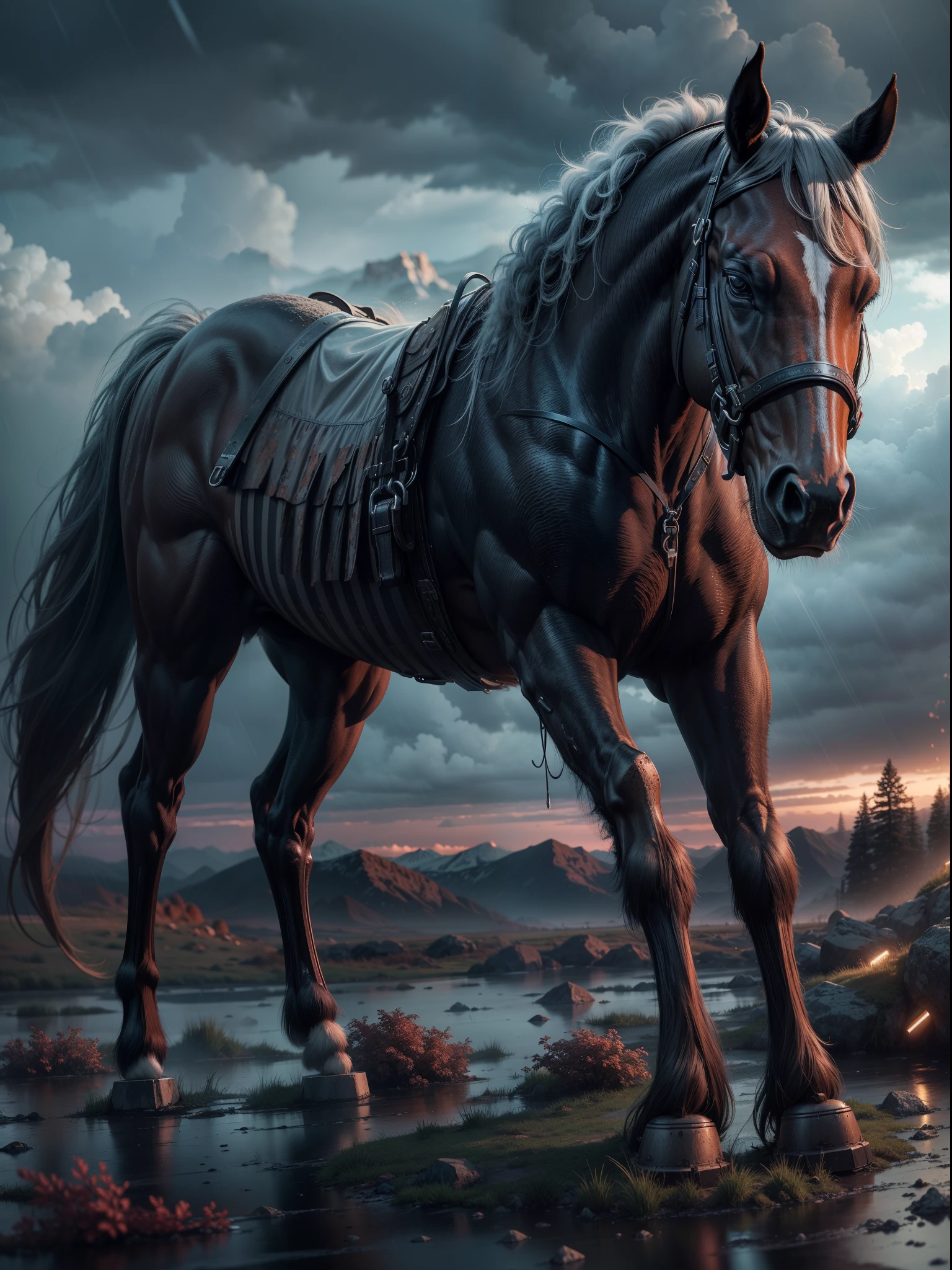 "a horse,post-apocalyptic scenery,rainy weather,cloudy detailed sky,night,cold weather,cool temperature settings,masterpiece,rendered by Nvidia,best quality,4k,8k,highres:1.2,ultra-detailed,realistic:1.37,HDR,UHD,studio lighting,ultra-fine painting,sharp focus,physically-based rendering,extreme detail description,professional,vivid colors,bokeh,landscape,horror,photography"