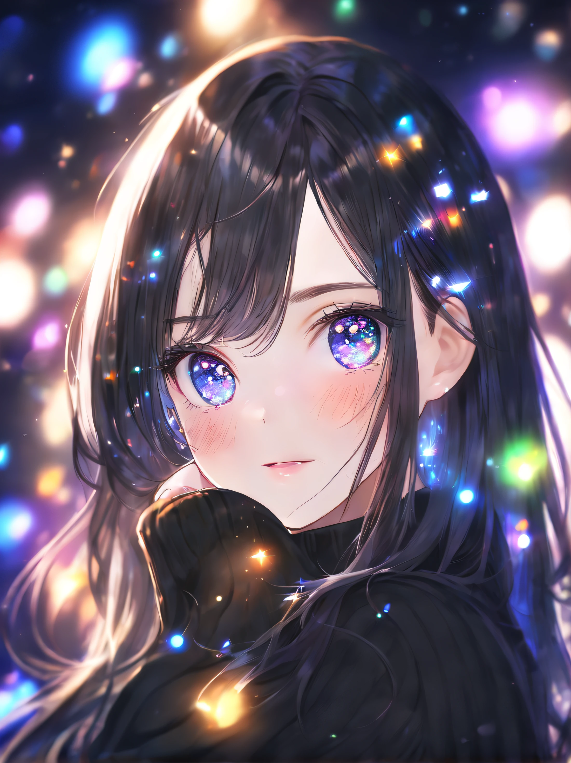 face focus, eyes focus, cute face, masterpiece, best quality, sharp focus, UHD, 1girl, Black hair, colorful lights, sparkling eyes, relaxing expression, Beanie, black sweater, turtleneck, colorful galaxy lights, side-looking, upper body, night scene,