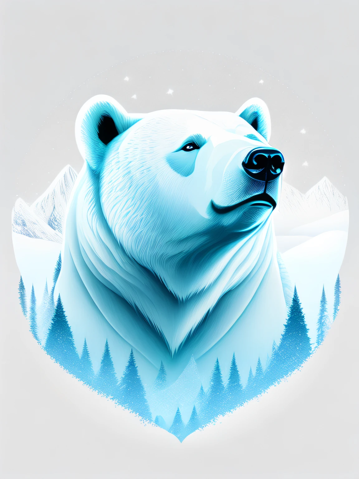 head of a polar bear, ao fundo picos de gelo e neve, design de camiseta, rzminjourney, arte vetorial, fundo branco