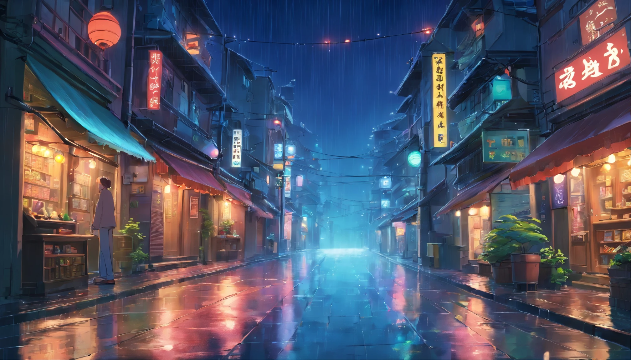 street, rain, one point perspective, many lights, night, cyberpunk, dark environment, high resolution, hd, 8K