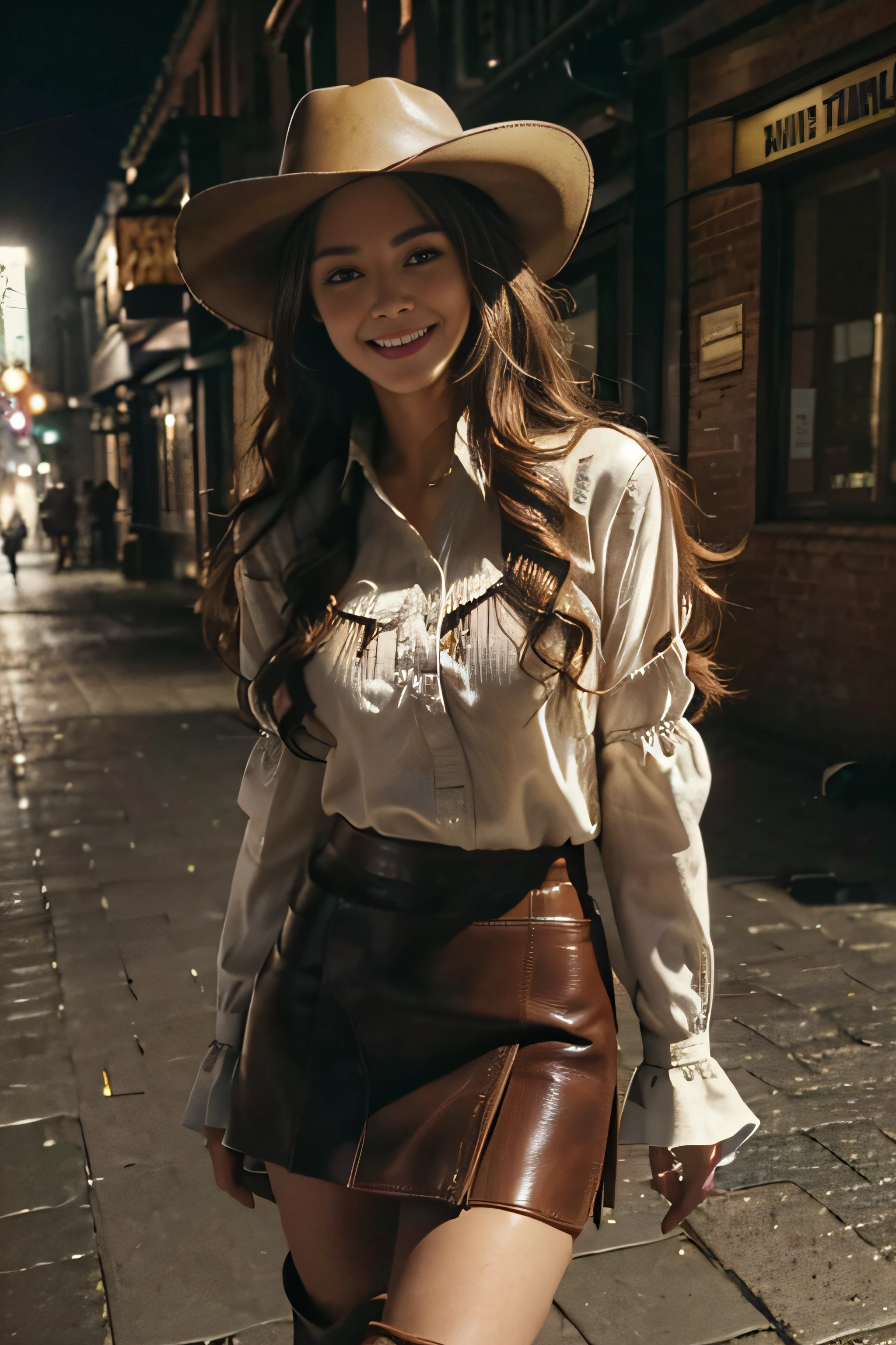 ((beautiful a girl:1.3))((Western shirt and brown leather miniskirt:1.4))((In the street_In the crowd:1.2)),((Cowboy Hat_))((Thin_fabric:1.4))((standing there doing nothing:1.3))((with a flushed face:1.4))((breasts of medium size,:1.2))((close-up:1.2)) Best Quality,masutepiece,超A high resolution,(Photorealistic:1.4),Raw photo,(Authentic skin texture:1.3),(Film grain:1.3),the panorama,Character Portrait,Very Wide Shot,Narrow waist,Cowboy Shot,(In the Dark, deepshadow, lowkey, cold light,) Night,(()),Streaming Tears,,Dust,Tindall Effect,(expression),1girl in,beautiful detailed eyes and face,White Jabot,Brown eyes,((Brown-colored super long hair:1.2)),((Loosely curled hair:1.2)) ((Full body:1.3)) ((Smile:1.3))