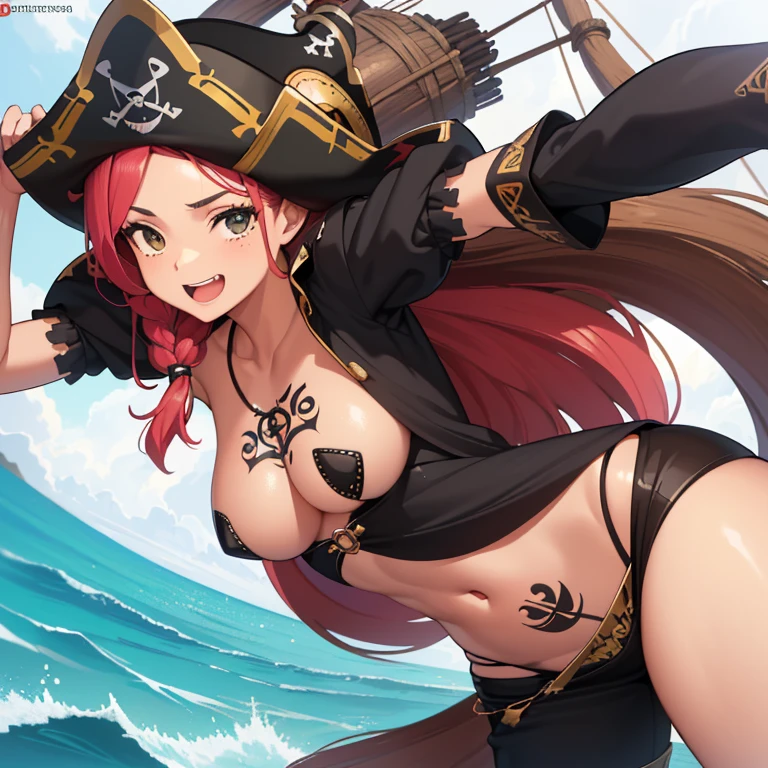 ((1 mulher pirata, Pirate hat, cinto na buceta com espada, mini saia marrom aberta, mini blouse with open zipper, tatuagem de caveira na buceta)),((seios grandes)),((pelos pubianos muito grandes)) ,((cabelo castanho grande e liso)),((olhos castanhos, sorrir)),((de frente para o espectador)),((em um navio pirata, no mar durante o dia)),