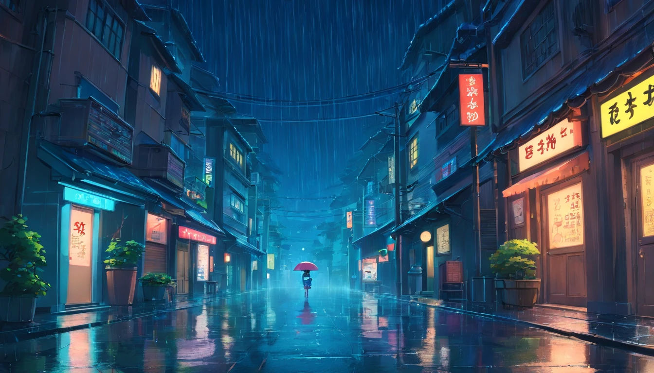 street, rain, one point perspective, dark, night, cyberpunk, dark environment, rain fall, high resolution, hd, 8K