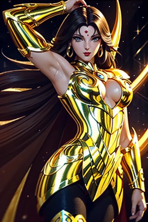 There is an adult European woman , Saint Seiya , Aries Gold Cloth, Dark hair, red lips, Eye shadow, natural makeup, long curved hait, beautiful chest, Second Life Avatar, Beautiful screenshot, Second Life, attractive woman, high quality, highly detailed skin, dynamic pose
