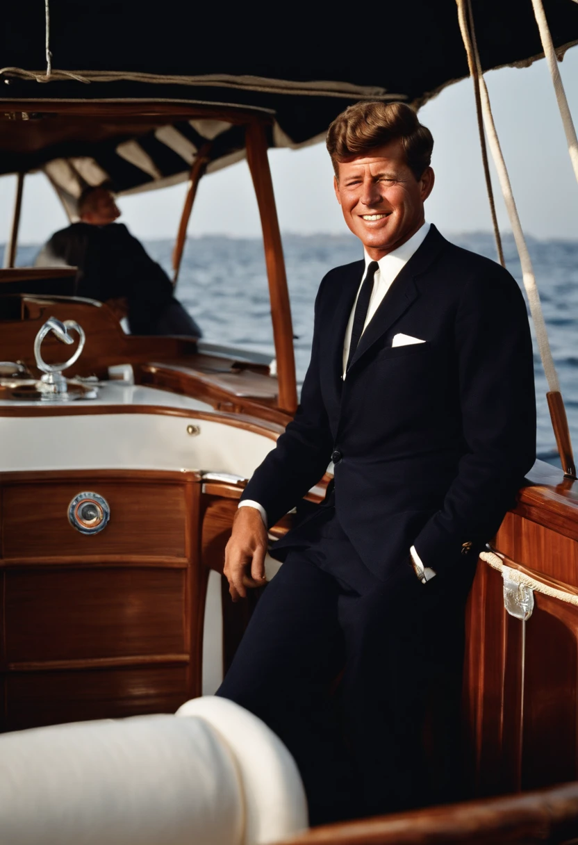 A photo of Kennedy enjoying a morning sail on a classic wooden yacht,original,John F. Kennedy, the 35th President of the United States, was renowned for his handsome, charismatic appearance, with his wavy hair, engaging smile, and a sense of style that exuded confidence and charm. His tailored suits and poised demeanor contributed to a public image of youthful vigor and sophistication.