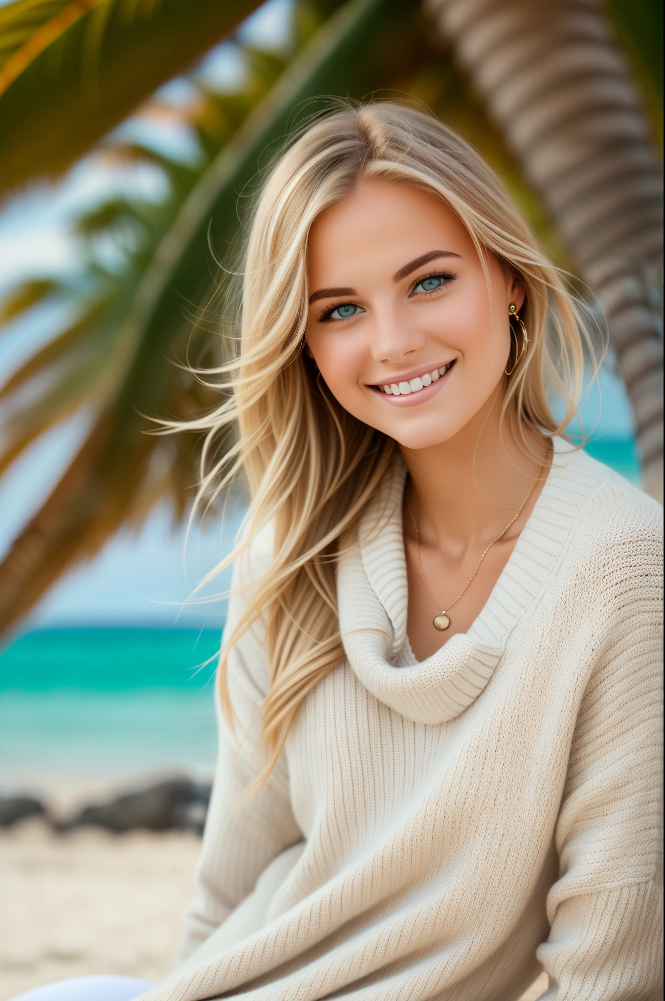 photorealistic natural beautiful blonde 21 year old girl in light brown cozy sexy pullover and white jeans sitting at the beach,palmtree in background, bokeh, smiling happy, wind blowing, canon d1 85 mm --auto --s2