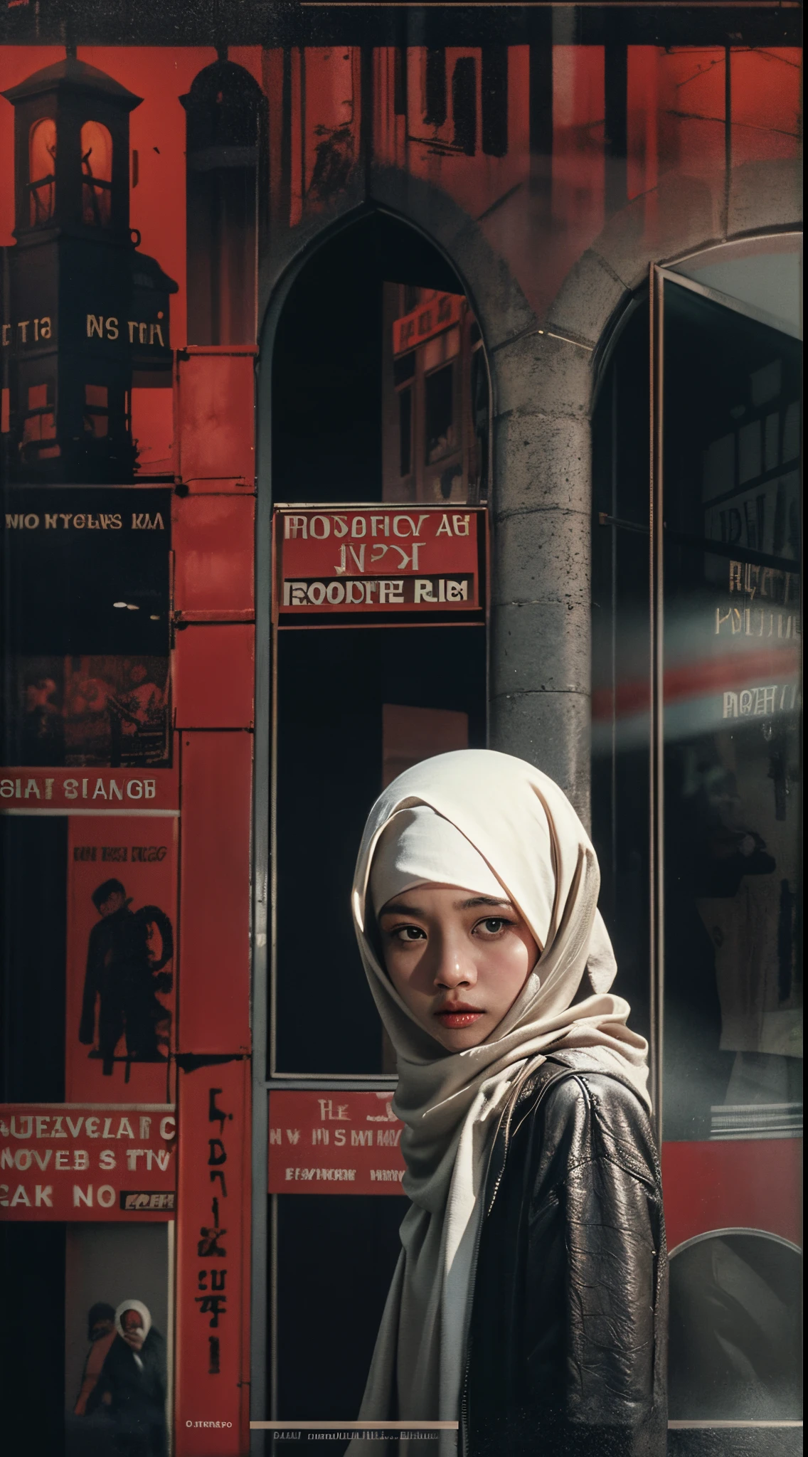Design a dramatic movie poster inspired by classic film noir. Place the Malay girl in hijab in a dimly lit urban setting, capturing the essence of mystery and intrigue. Utilize shadows and noir-style lighting to enhance the atmosphere.