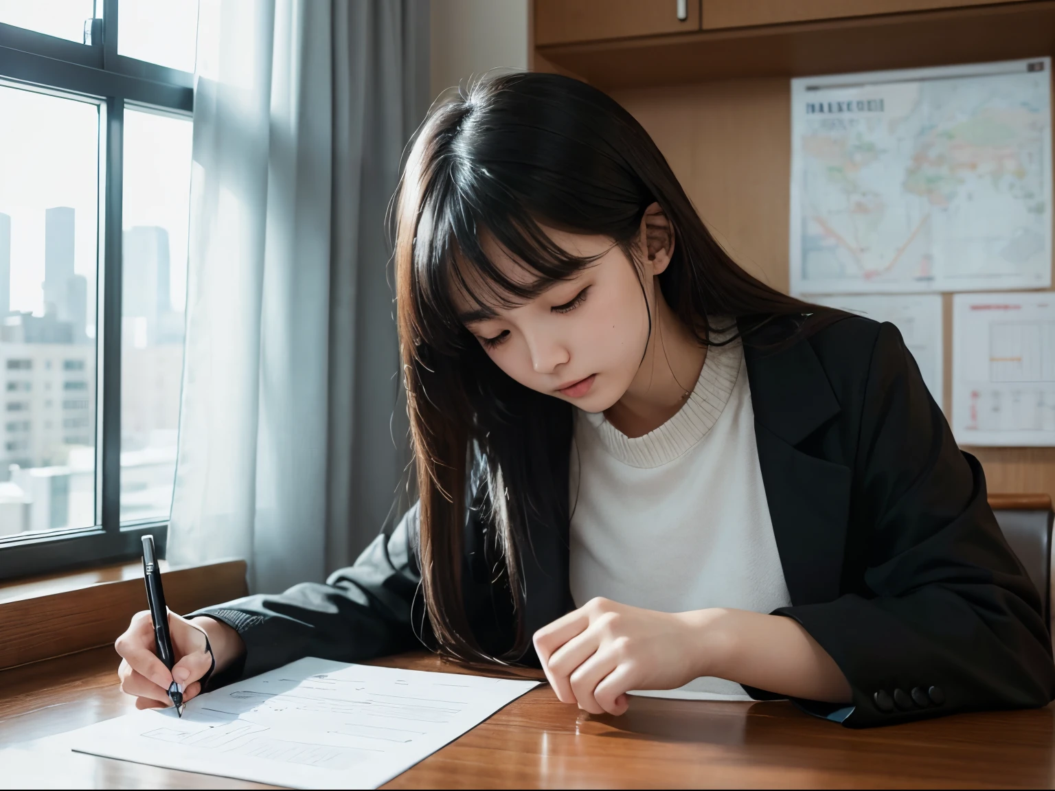 a young gril just graduate from university, Xiao Liu,, wearing black coat, don't show her face. it's in the evening,she went back inside, opened the window, and let the night fill the room. The light filtered through the curtains and spilled onto the floor, reflecting a hush. Xiao Liu sat by the window,in front of a personal computer, picked up a pen, and began to doodle on the blank paper. He wrote down his feelings about the city, his expectations for the future, and his exploration of his own heart. Words are a map he looks for direction, a faint beam of light he finds in the confusion.