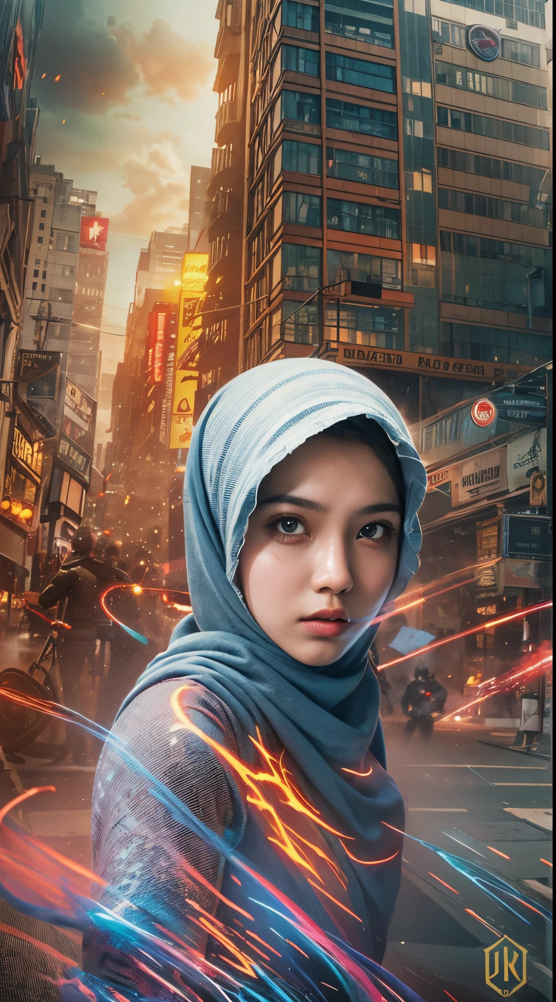 Create a dynamic and action-packed photomanipulation reminiscent of Marvel superhero movies. Feature the Malay girl in hijab showcasing her unique superpowers in a cityscape, surrounded by vivid colors and high-energy effects