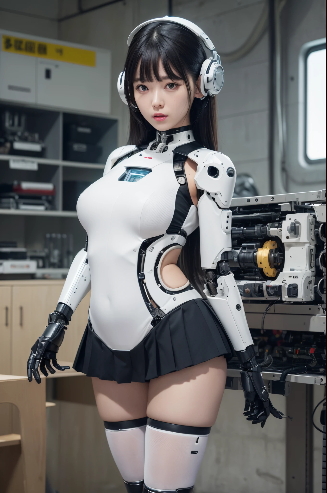 masterpiece, best quality, extremely detailed, Japaese android Girl,Plump,control panels,Mechanical Hand, Robot arms and legs,Mechanical body,Blunt bangs,perfect mechanical abdomen,future laboratory,charging spot,She is sitting the charging spot,laboratory,long tube,thick cable connected her neck, white robot body,The removable cover is in the groin,The connection port is in the groin,assembly plant,miniskirt,leather boots,（blue eyes:1.5）