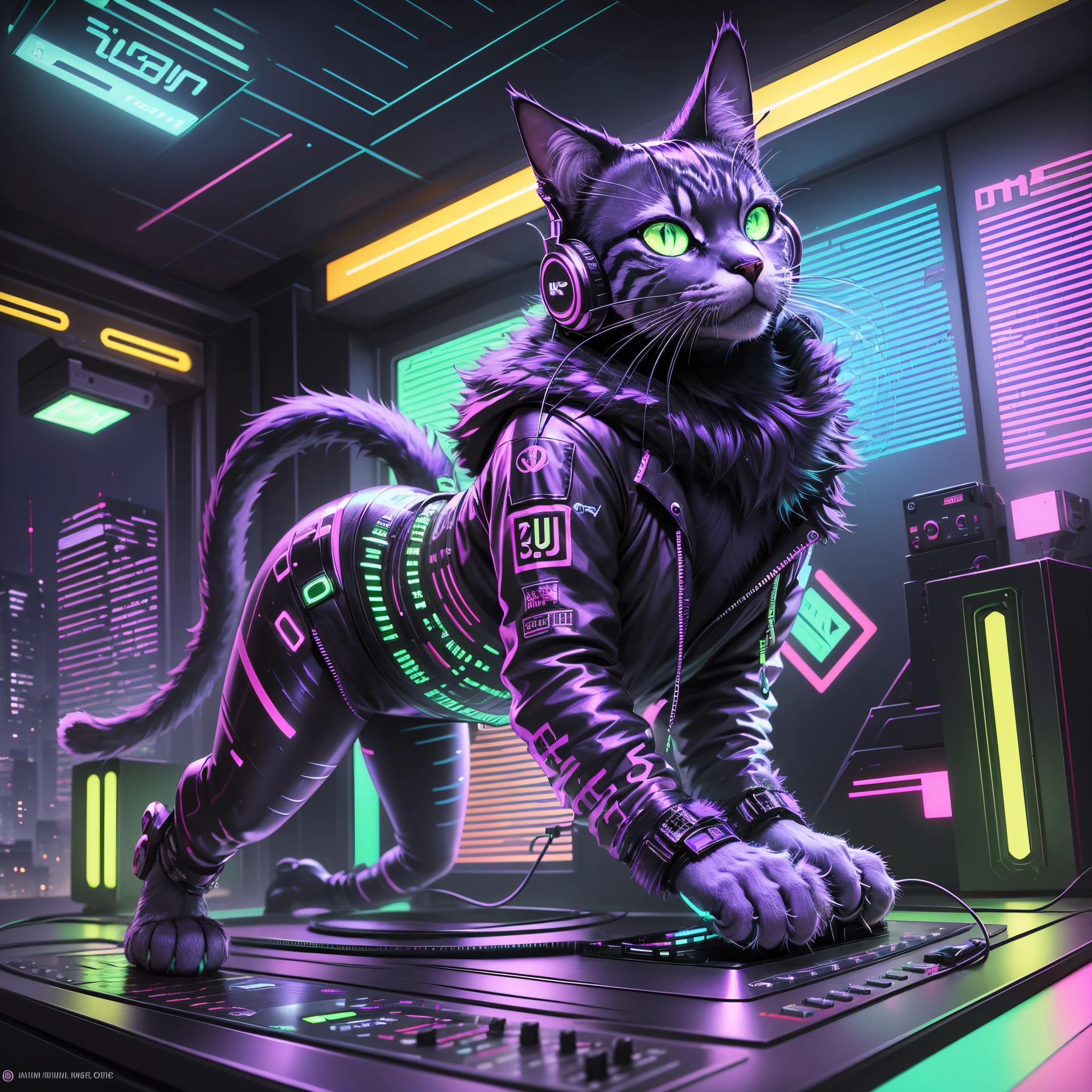 Cyberpunk DJ Cat: Imagine a cat with a futuristic, cyberpunk style, wearing neon-colored headphones and standing behind a DJ turntable. This cat has a sleek metallic body with LED lights and wears a cool pair of sunglasses. Its tail is a glowing fiber optic cable. --auto --s2