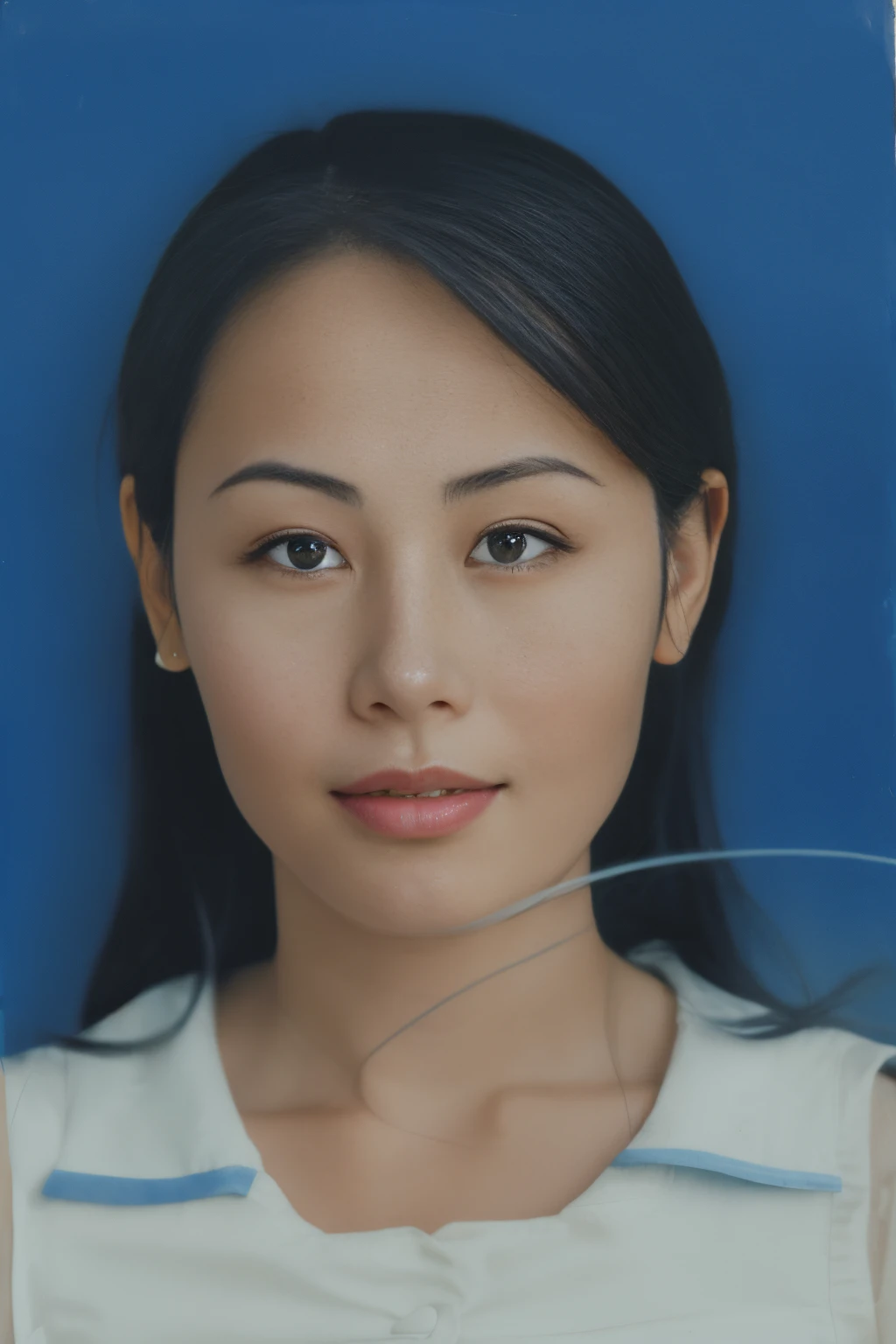Chinese woman wearing white shirt and blue background,