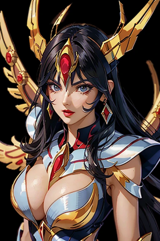 There is an adult European woman , Saint Seiya , Phoenix Cloth, Dark hair, red lips, Eye shadow, natural makeup, long curved hait, beautiful chest, Second Life Avatar, Beautiful screenshot, Second Life, attractive woman, high quality, highly detailed skin, dynamic pose