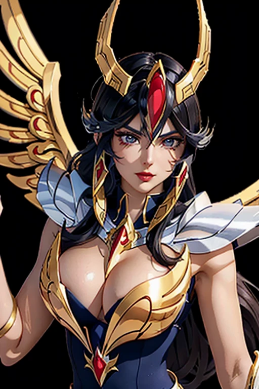 There is an adult European woman , Saint Seiya , Phoenix Cloth, Dark hair, red lips, Eye shadow, natural makeup, long curved hait, beautiful chest, Second Life Avatar, Beautiful screenshot, Second Life, attractive woman, high quality, highly detailed skin, dynamic pose