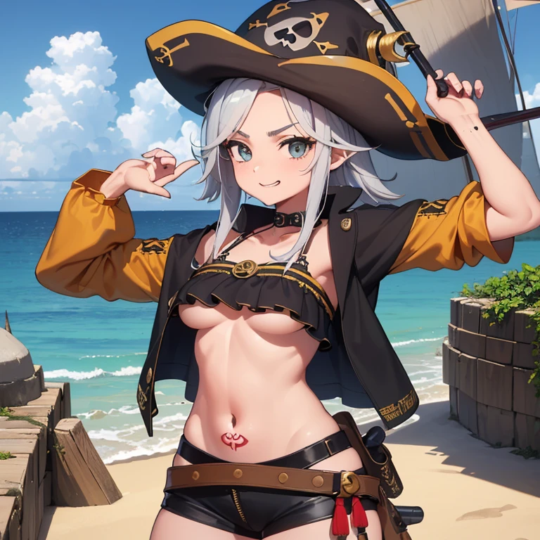 ((1 mulher pirata, Pirate hat, cinto na buceta com espada, mini saia marrom aberta, mini blouse with open zipper, tatuagem de caveira na buceta)),((seios grandes)),((pelos pubianos muito grandes)) ,((cabelo castanho grande e liso)),((olhos castanhos, sorrir)),((de frente para o espectador)),((em um navio pirata, no mar durante o dia)),