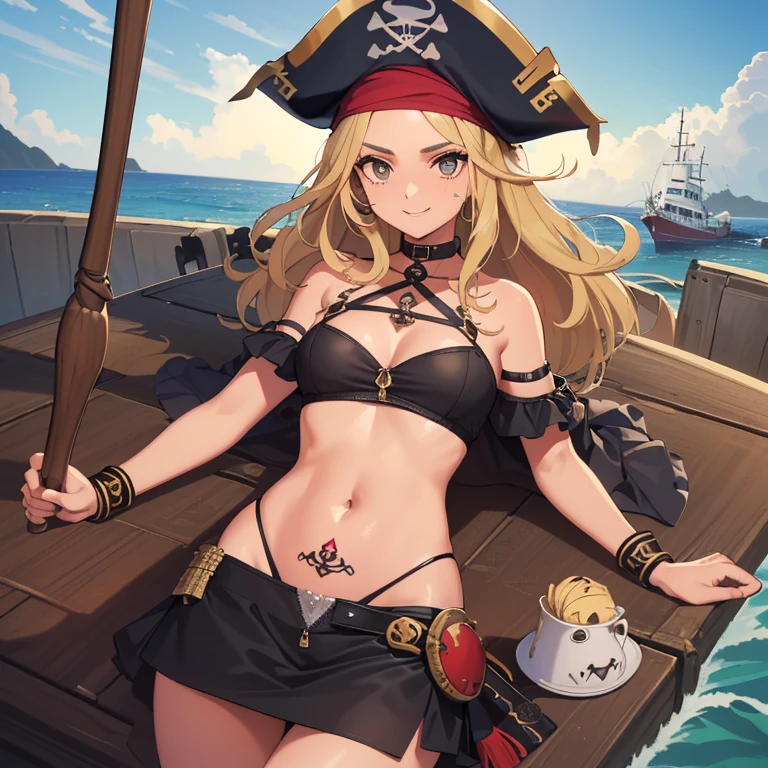 ((1 mulher pirata, Pirate hat, cinto na buceta com espada, mini saia marrom aberta, mini blouse with open zipper, tatuagem de caveira na buceta)),((seios grandes)),((pelos pubianos muito grandes)) ,((cabelo castanho grande e liso)),((olhos castanhos, sorrir)),((de frente para o espectador)),((em um navio pirata, no mar durante o dia)),