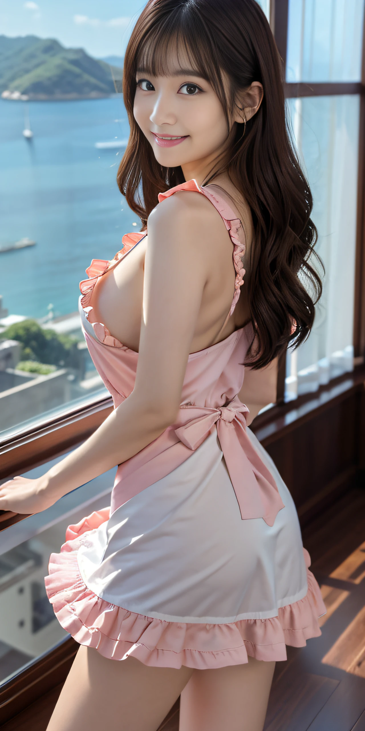 top-quality、Top image quality、​masterpiece、fully body photo、25 years old women, Dark brown wavy middle hair、bangss、((White apron with frills))、 (no-bra、Puffy nipple、visible from the side)、(sexy pink panty)、soft boob、Large breasts、 cute smile face、Hotel room with sea view、Lying on your back in bed