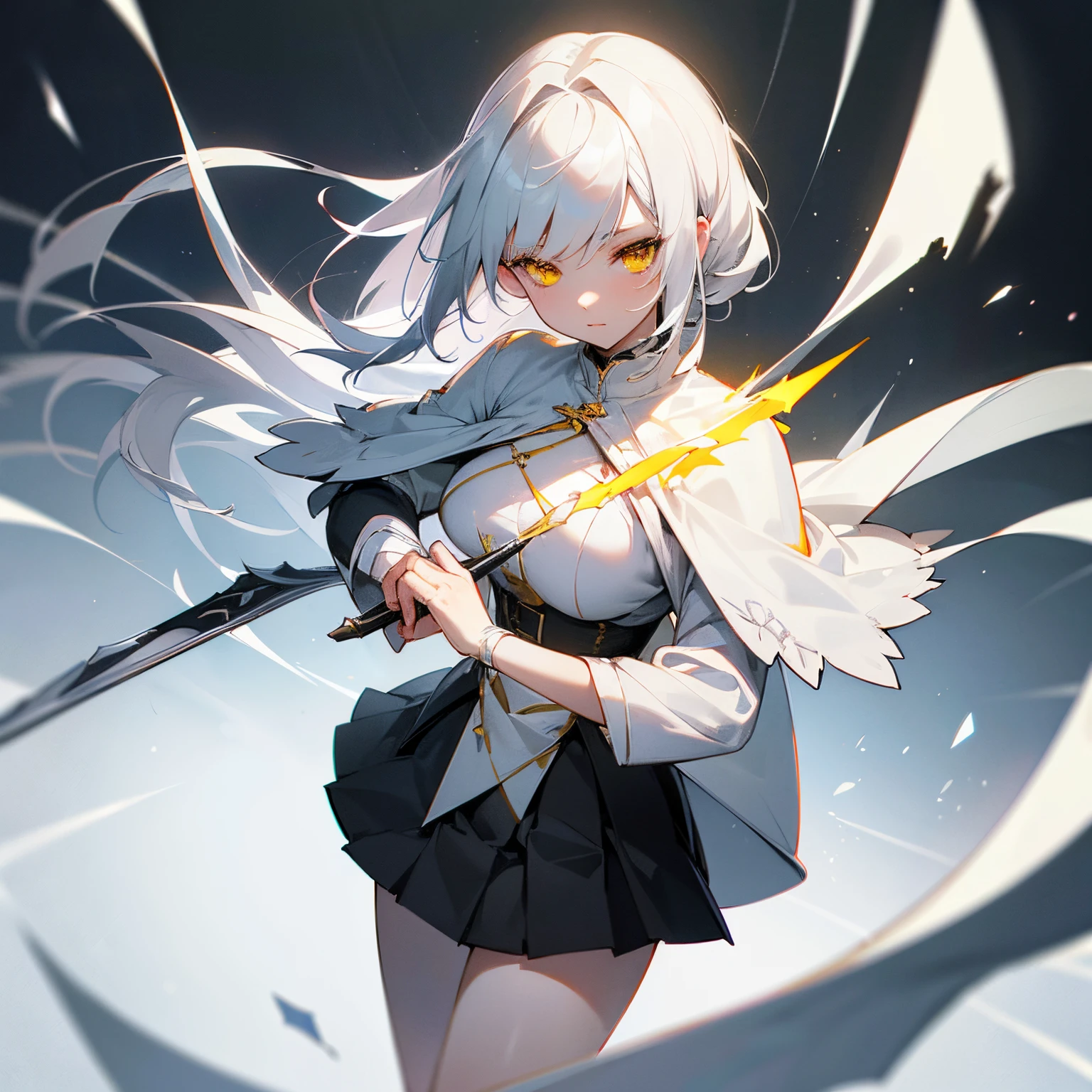 White hair, (yellow eyes:1.1), black skirt, white uniform, pleated skirt, skirt, white cape, (best quality, masterpiece, RAW photo, ultra-detailed:1.2), 1 girl, solo, looking at viewer, beautiful female, daggers in hand